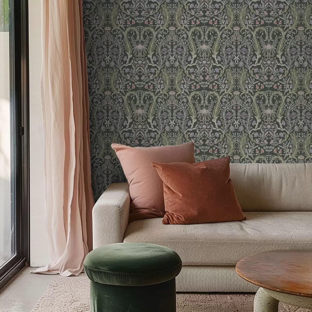 Tapetes Simetriskas ziedu ornamenta uz tumši zaļa fona a00928