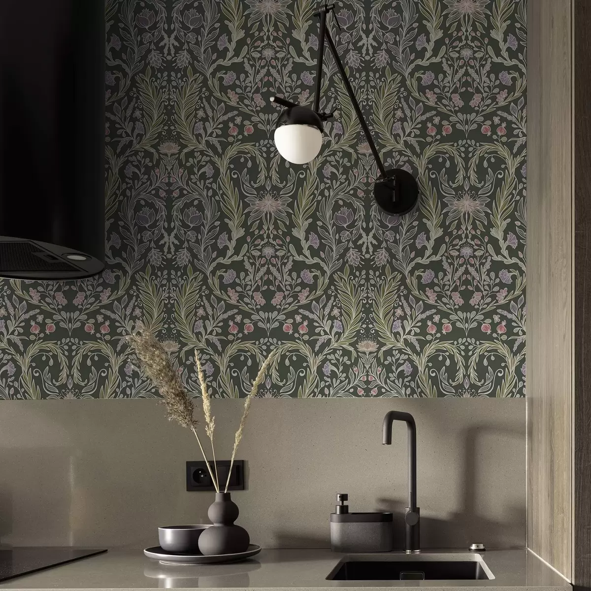 Tapetes Simetriskas ziedu ornamenta uz tumši zaļa fona a00928