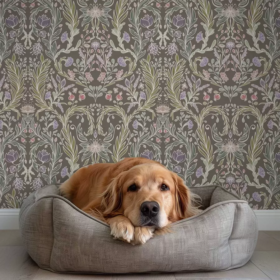 Fototapetes Simetriskas ziedi un lapas uz brūngani pelēka fona a00928v2