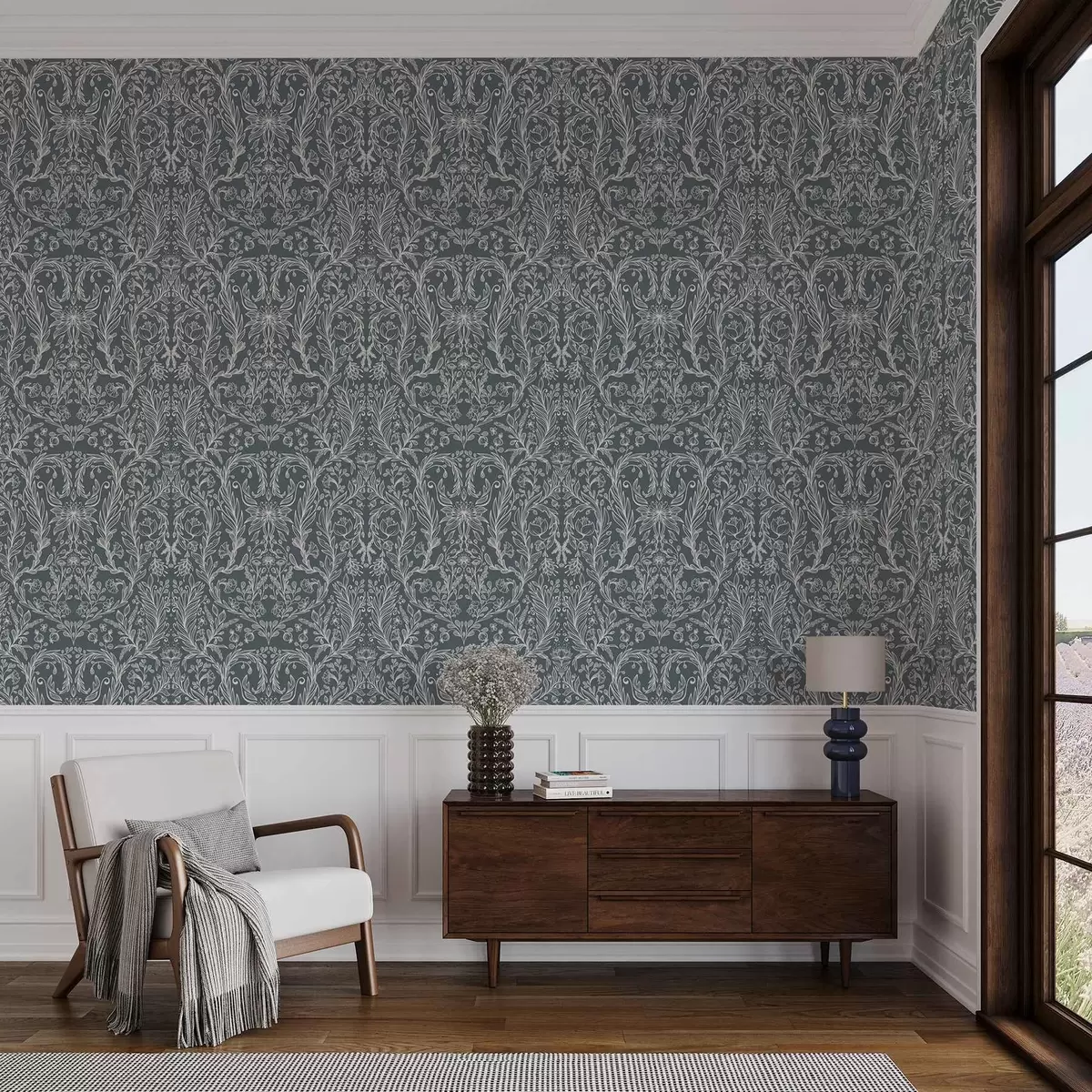 Tapetes Lineārs ziedu ornamenti uz zili pelēka fona a00929v1