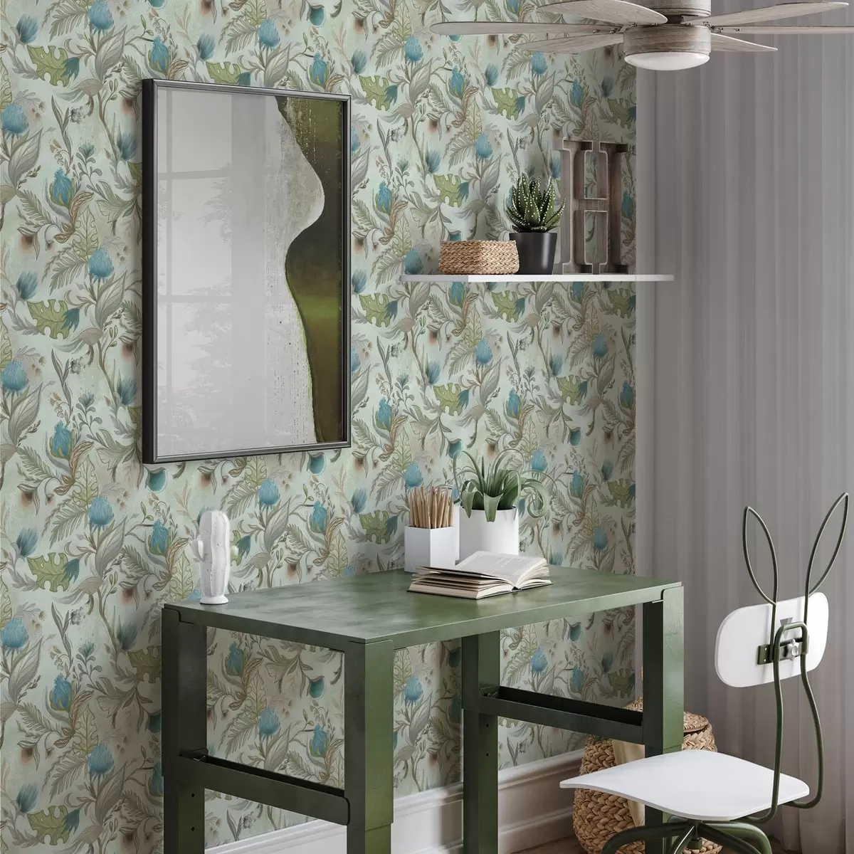 Tapetes Zilas puķes un zaļumi uz maiga piparmētru fona a00930v1