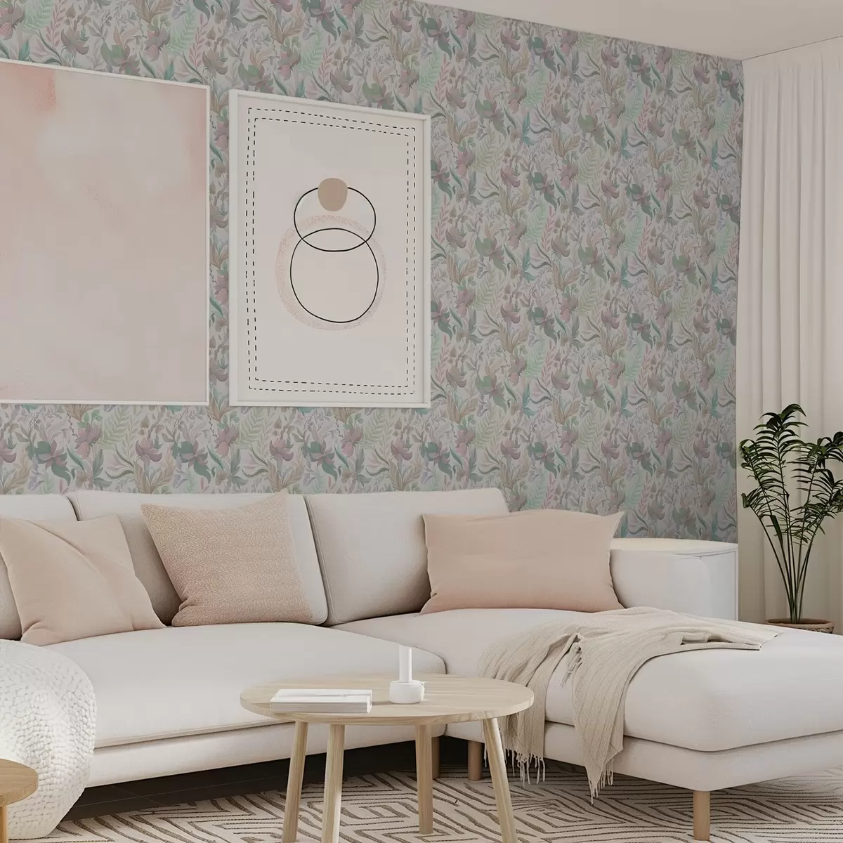 Tapetes Delikāti pasteļtoņu ziedi un lapas uz gaiša fona a00931