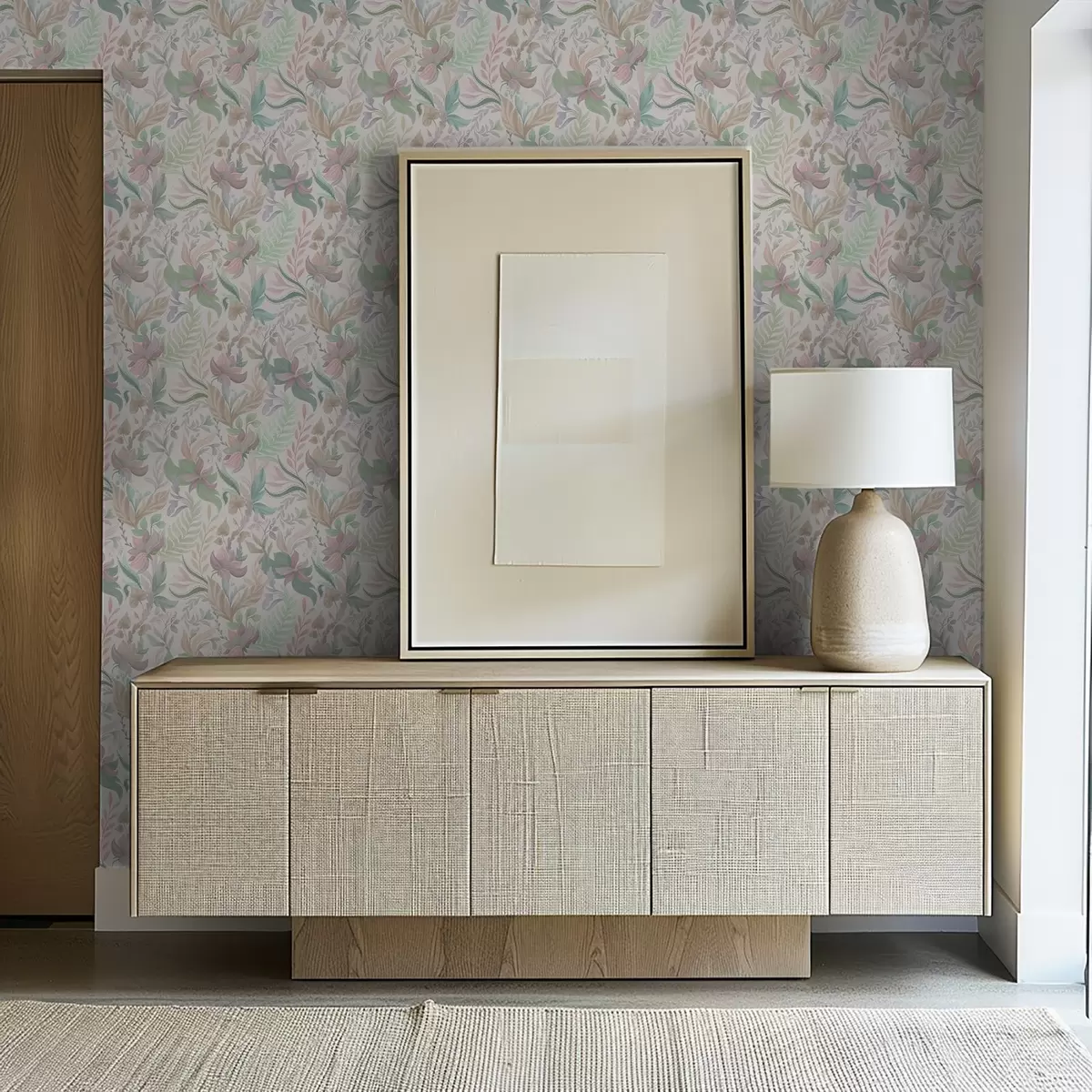 Tapetes Delikāti pasteļtoņu ziedi un lapas uz gaiša fona a00931