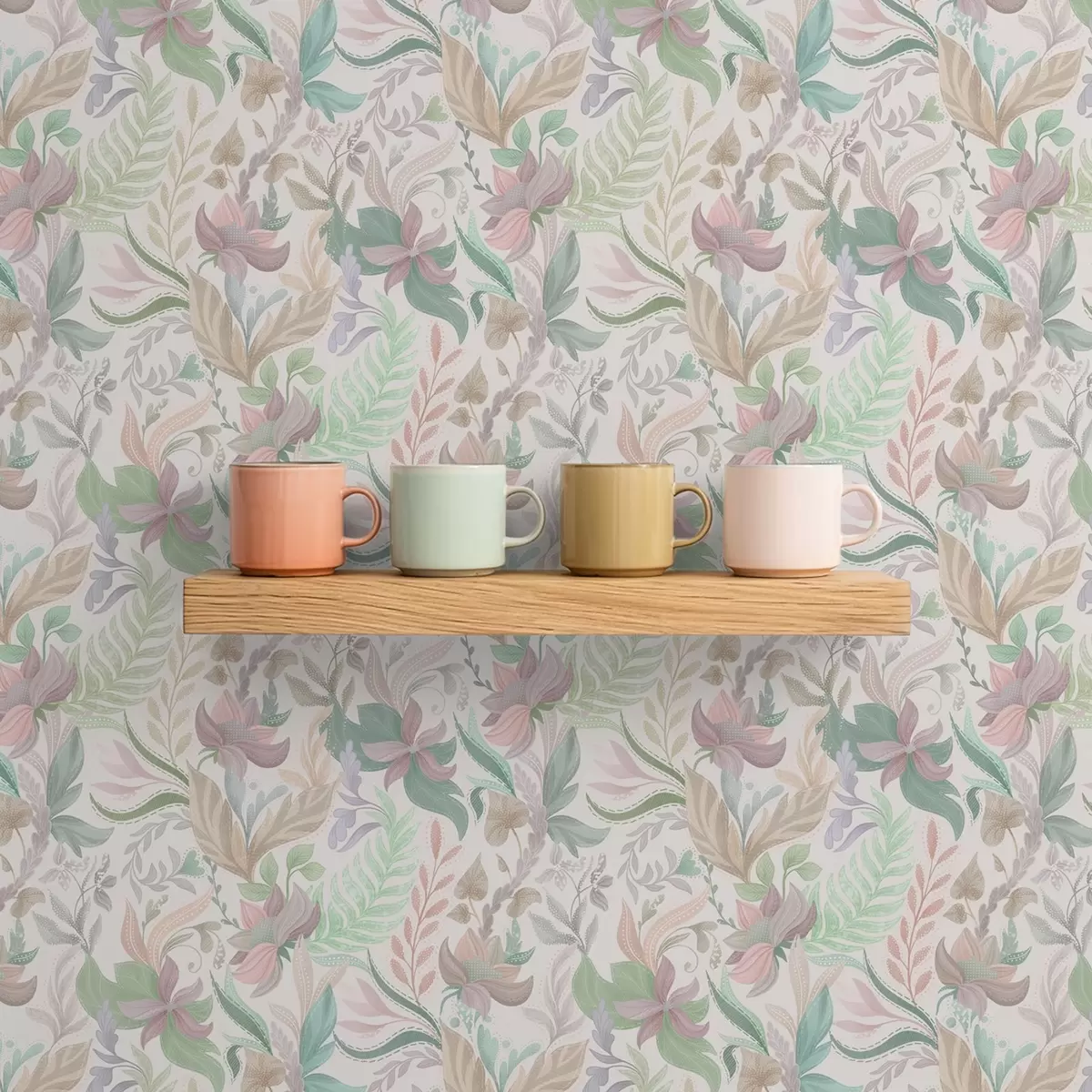 Tapetes Delikāti pasteļtoņu ziedi un lapas uz gaiša fona a00931