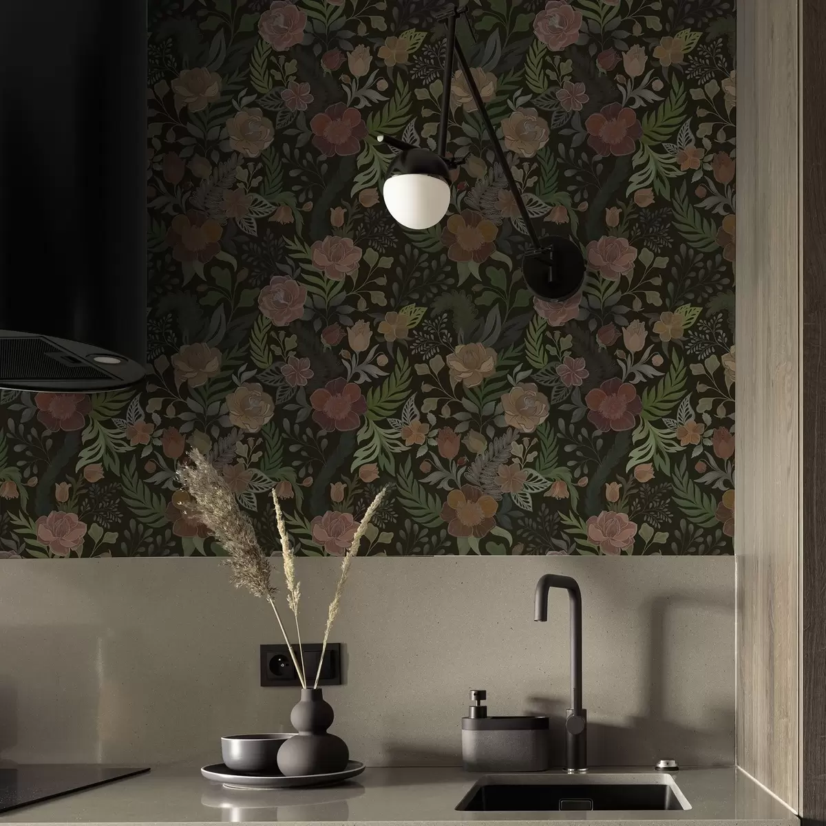 Tapetes Bagātīgas puķes un zaļumi uz tumša fona a00932