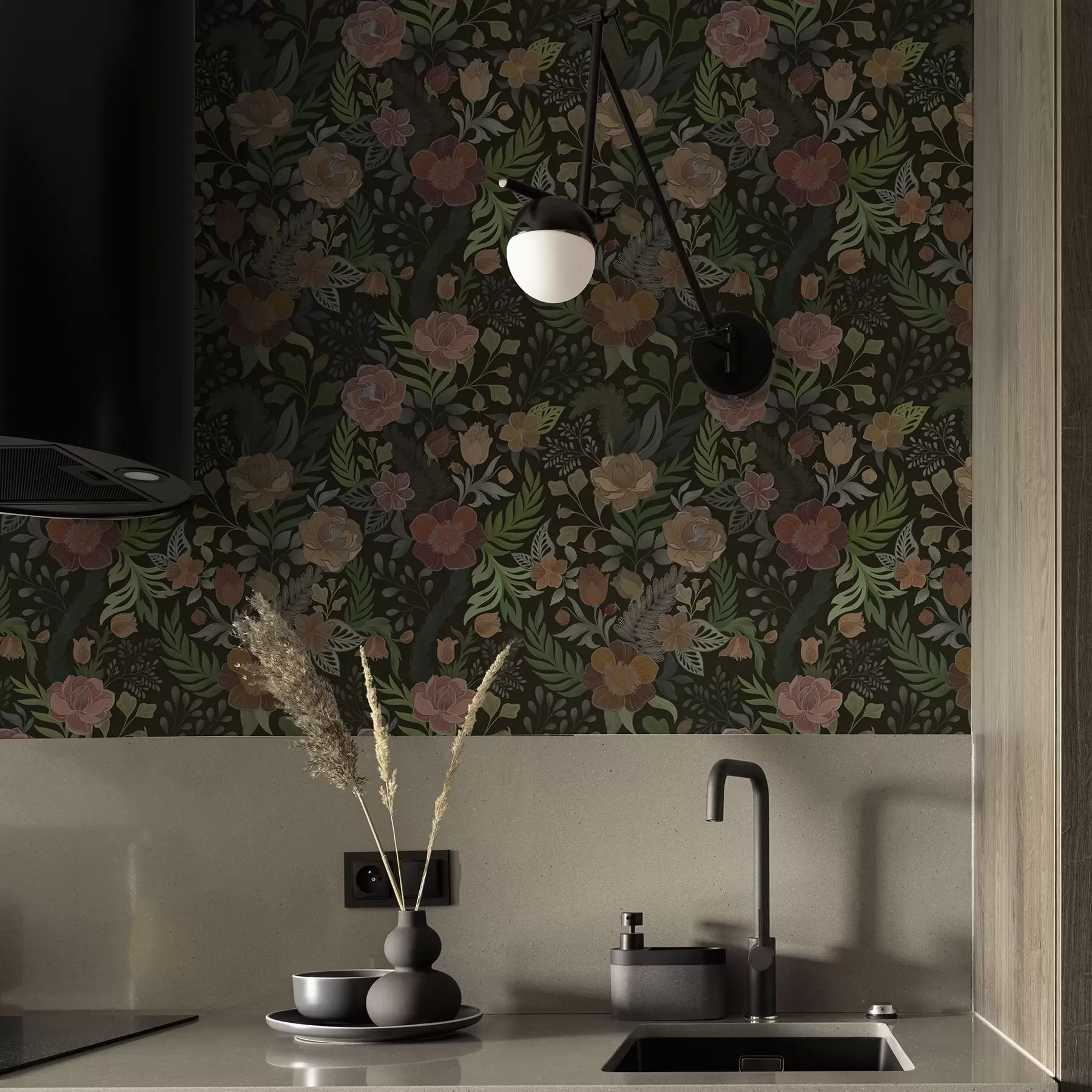 Fototapetes Bagātīgas puķes un zaļumi uz tumša fona a00932