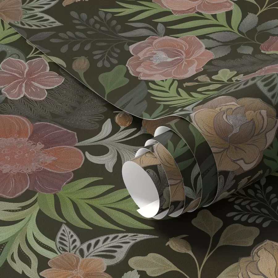 Fototapetes Bagātīgas puķes un zaļumi uz tumša fona a00932