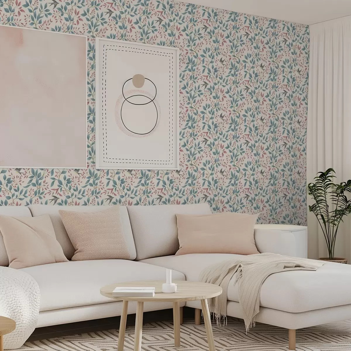 Tapetes Zilas un rozā zaras ar putniem uz krēmkrāsas fona a00933