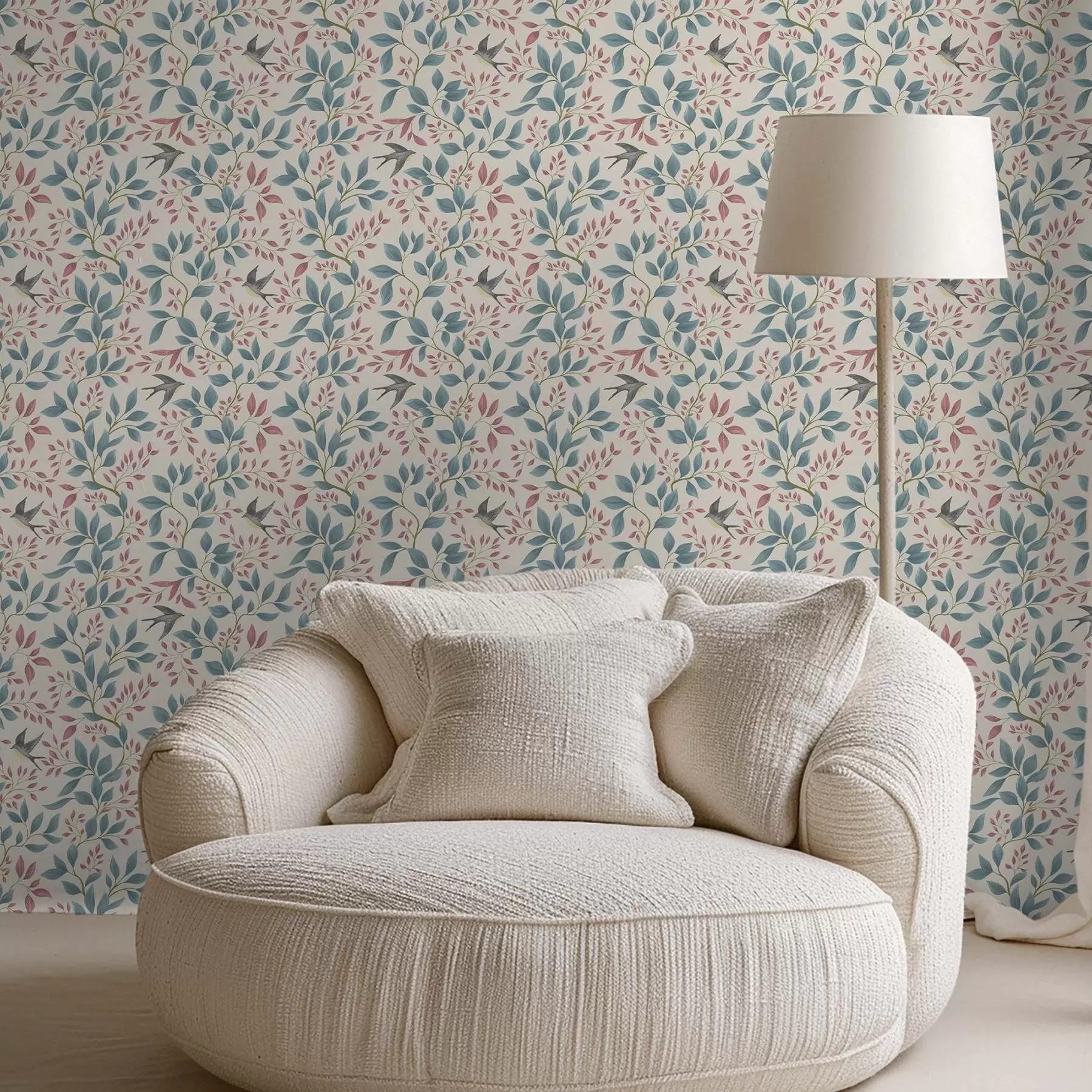 Fototapetes Zilas un rozā zaras ar putniem uz krēmkrāsas fona a00933