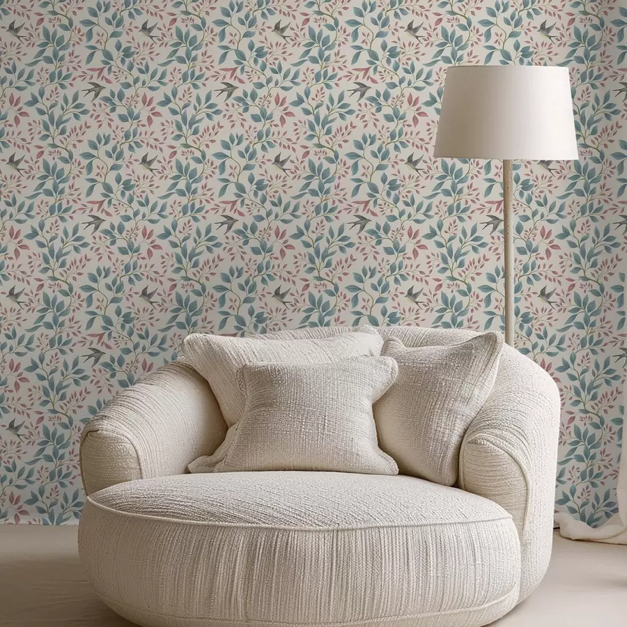 Fototapetes Zilas un rozā zaras ar putniem uz krēmkrāsas fona a00933