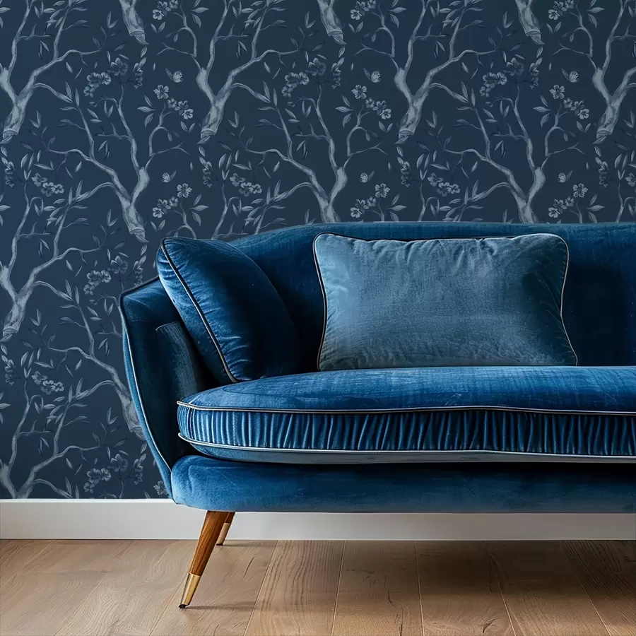 Fototapetes Zilas ziedošas zaras ar tauriņiem uz tumša fona a00951v1