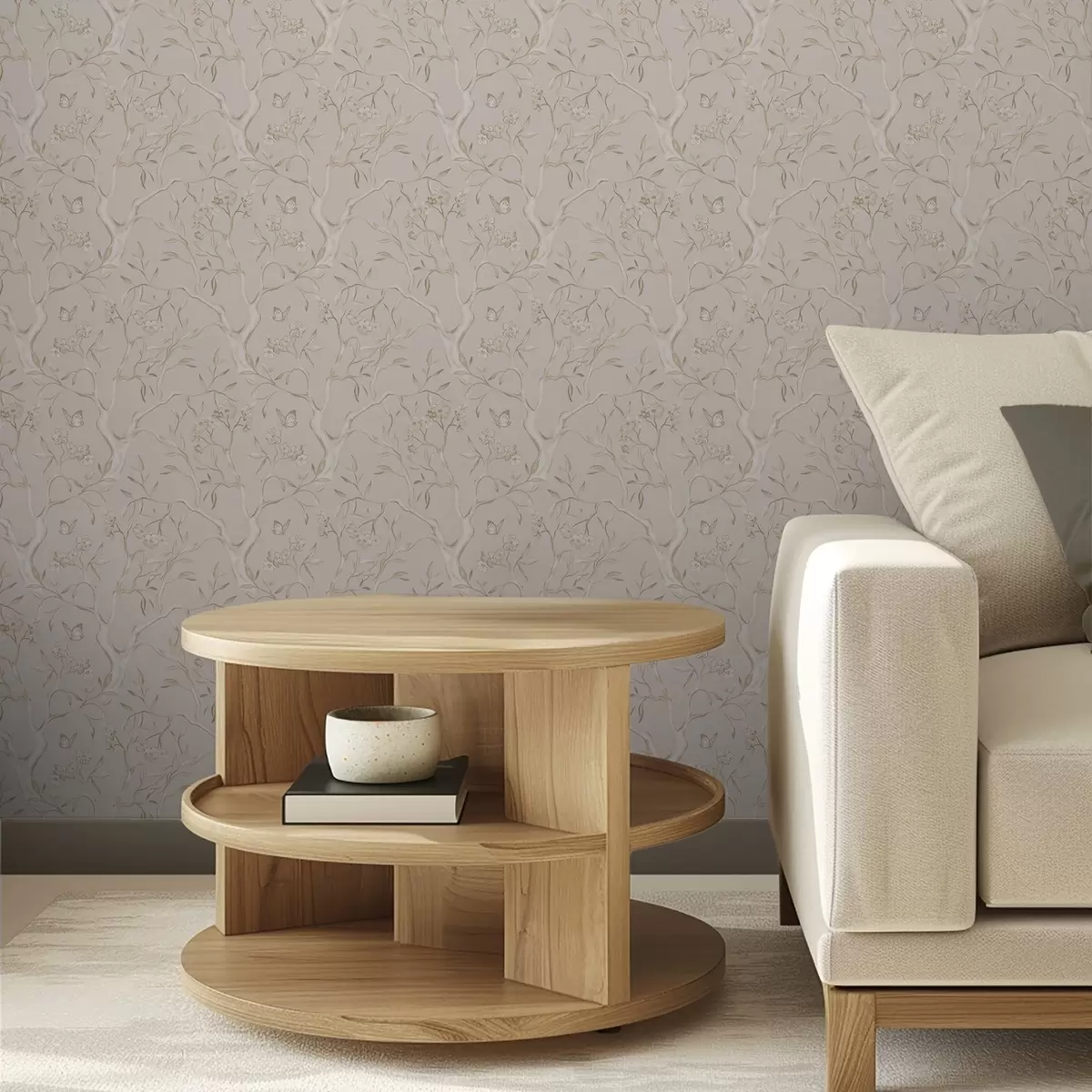 Tapetes Bēša krāsas ziedošas zaras ar tauriņiem uz maiga fona a00951v2