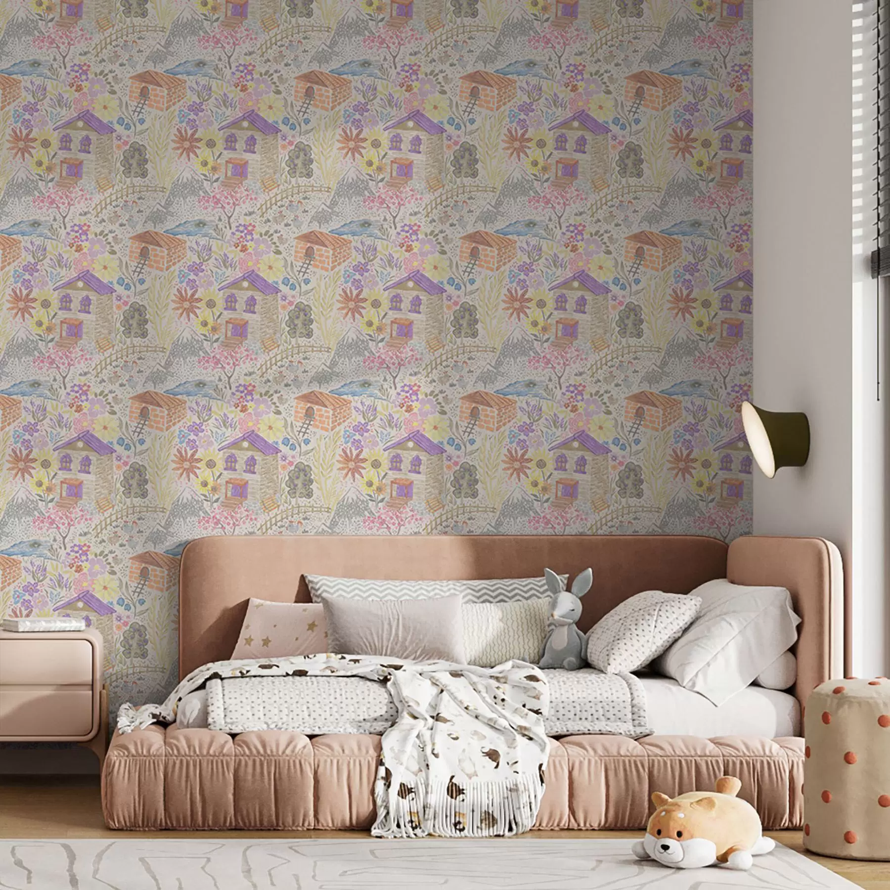 Fototapetes Bērnišķīgs ciema zīmējums ar māju, kalniem un ziediem a00952