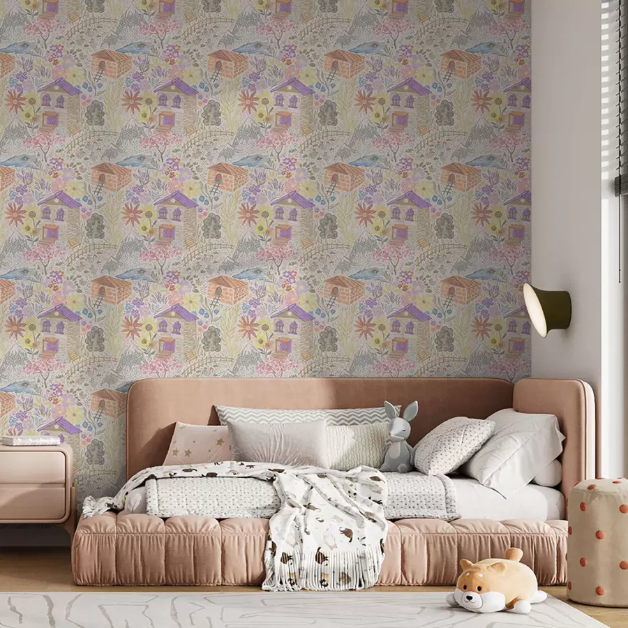 Fototapetes Bērnišķīgs ciema zīmējums ar māju, kalniem un ziediem a00952