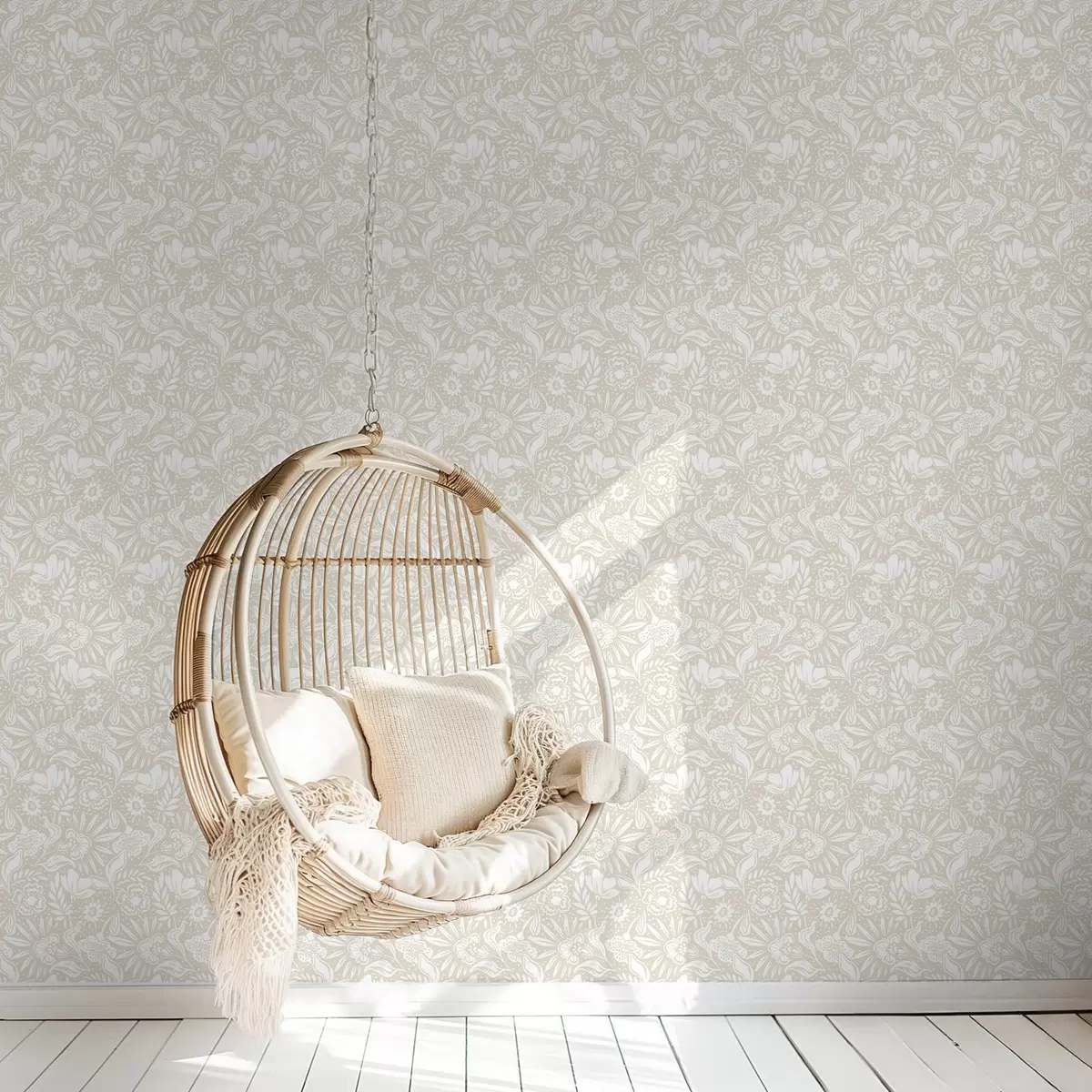 Tapetes Baltas līnijas ziedu ornamentu uz smilškrāsas fona a00956