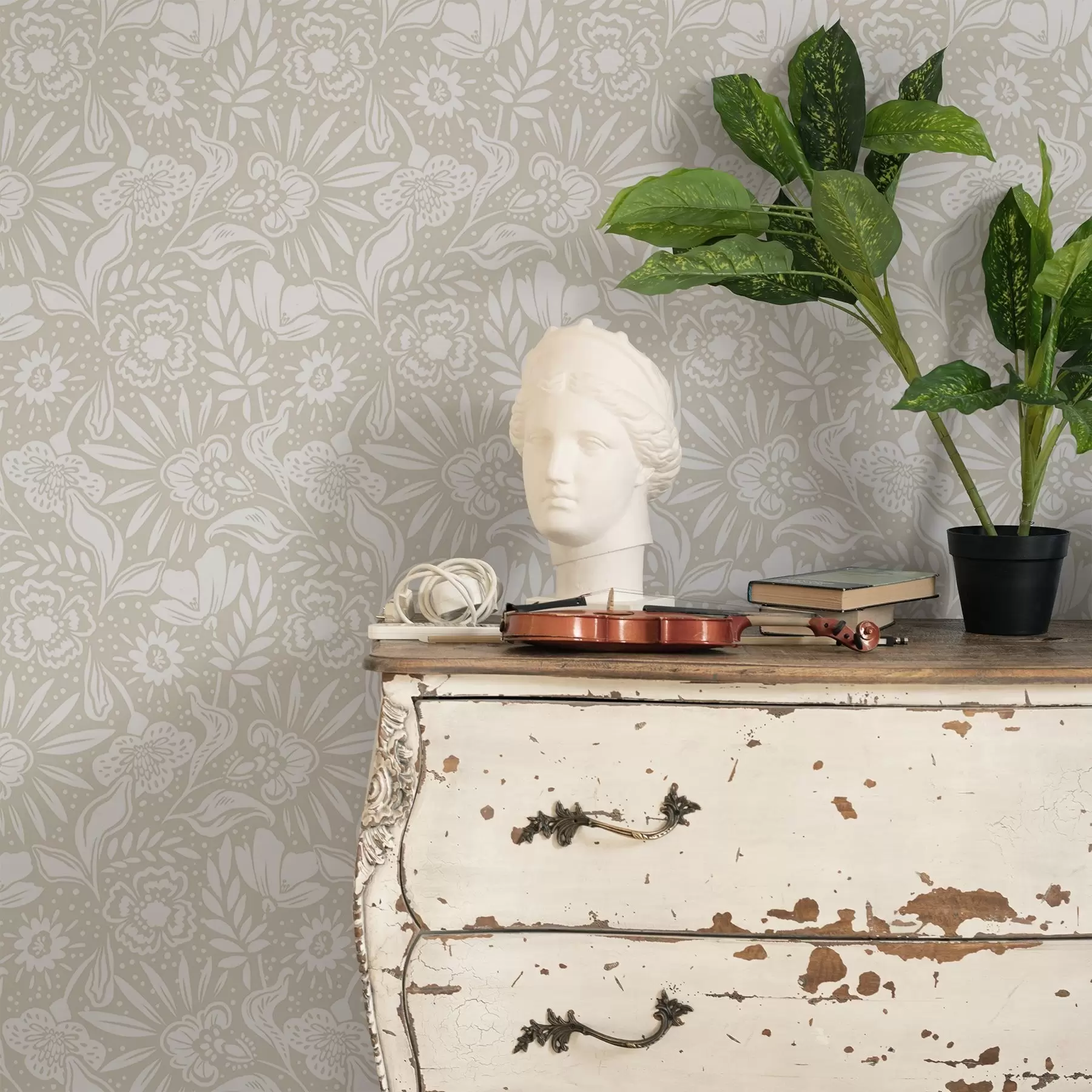 Fototapetes Baltas līnijas ziedu ornamentu uz smilškrāsas fona a00956