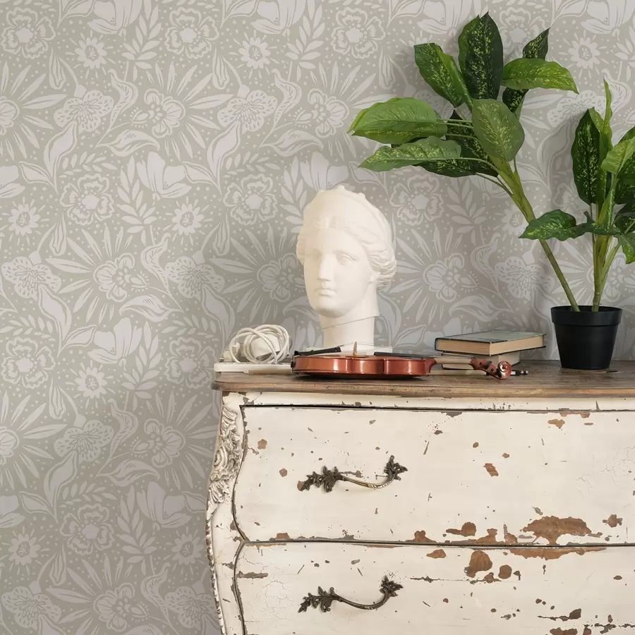 Fototapetes Baltas līnijas ziedu ornamentu uz smilškrāsas fona a00956