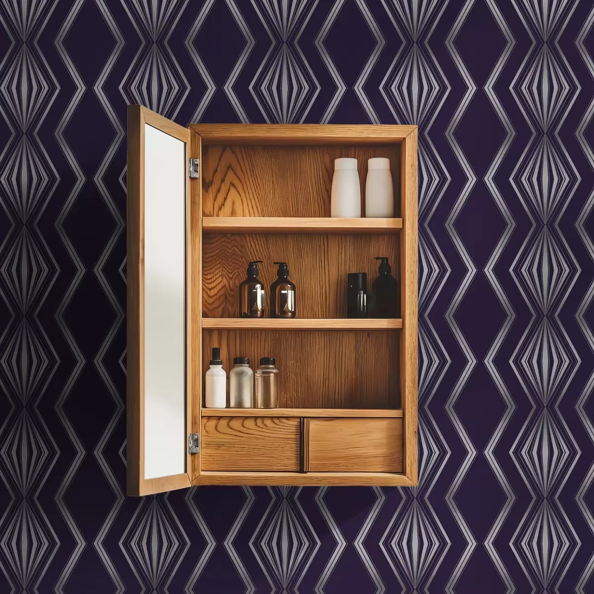 Tapetes Bagātīgs violets fons ar dimantiem un pelēkām zigzaga līnijām a00974v1