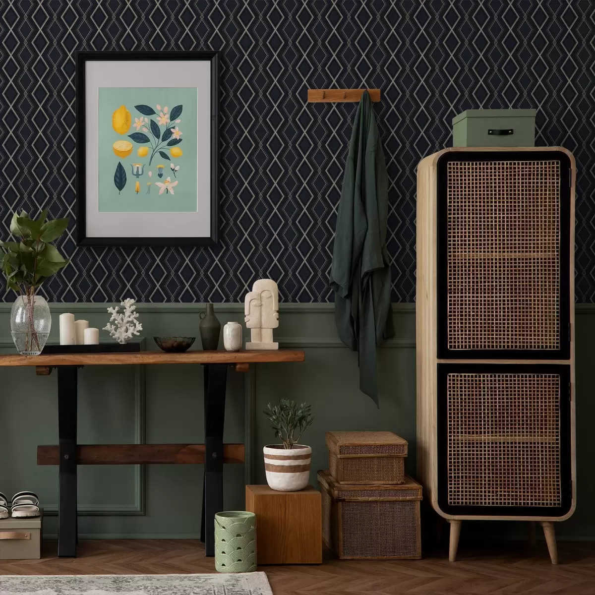 Tapetes Tumši zils dimantu režģis ar plānām gaišām līnijām a00975