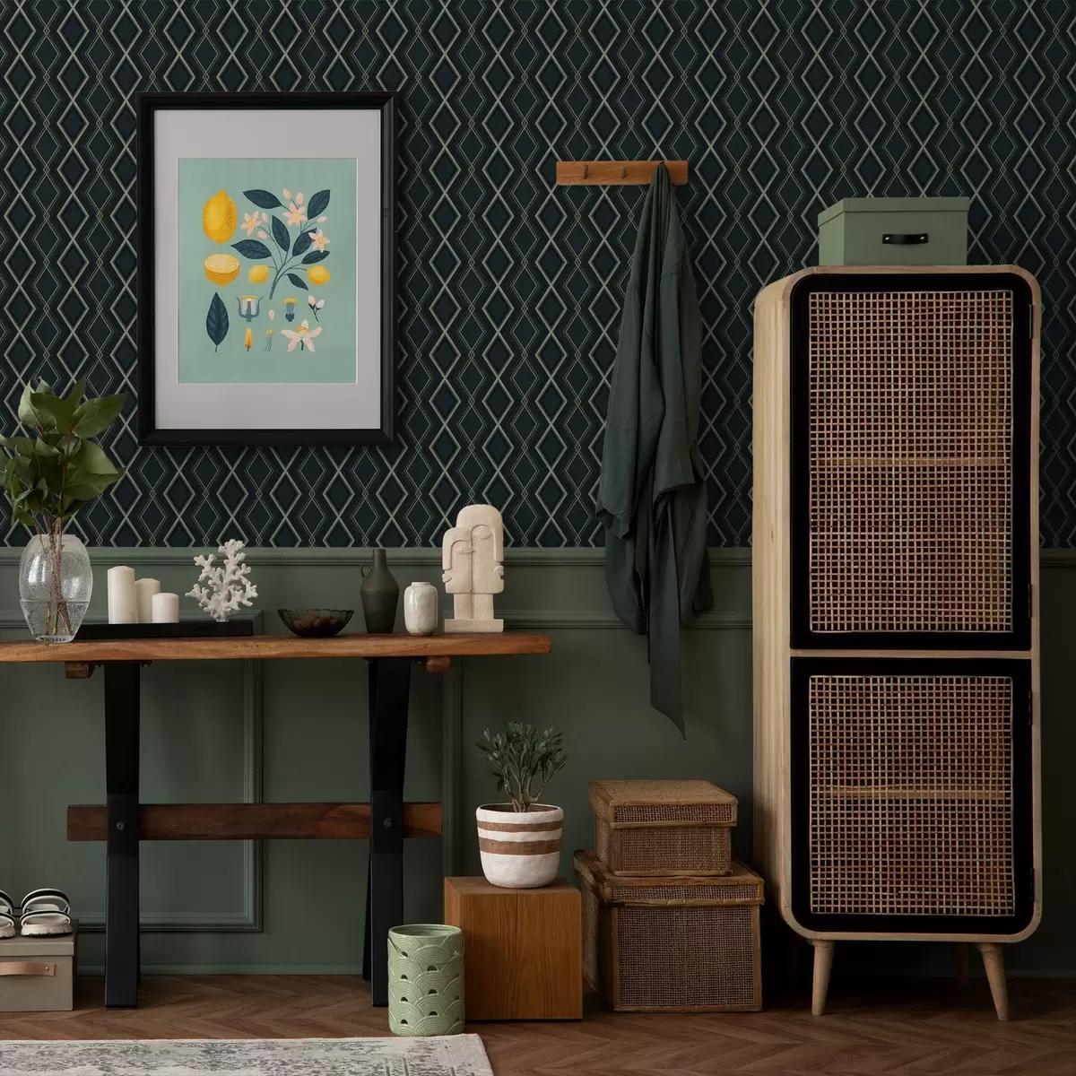 Tapetes Tumši zaļgani zils fons ar atkārtotu rombu režģi a00975v1