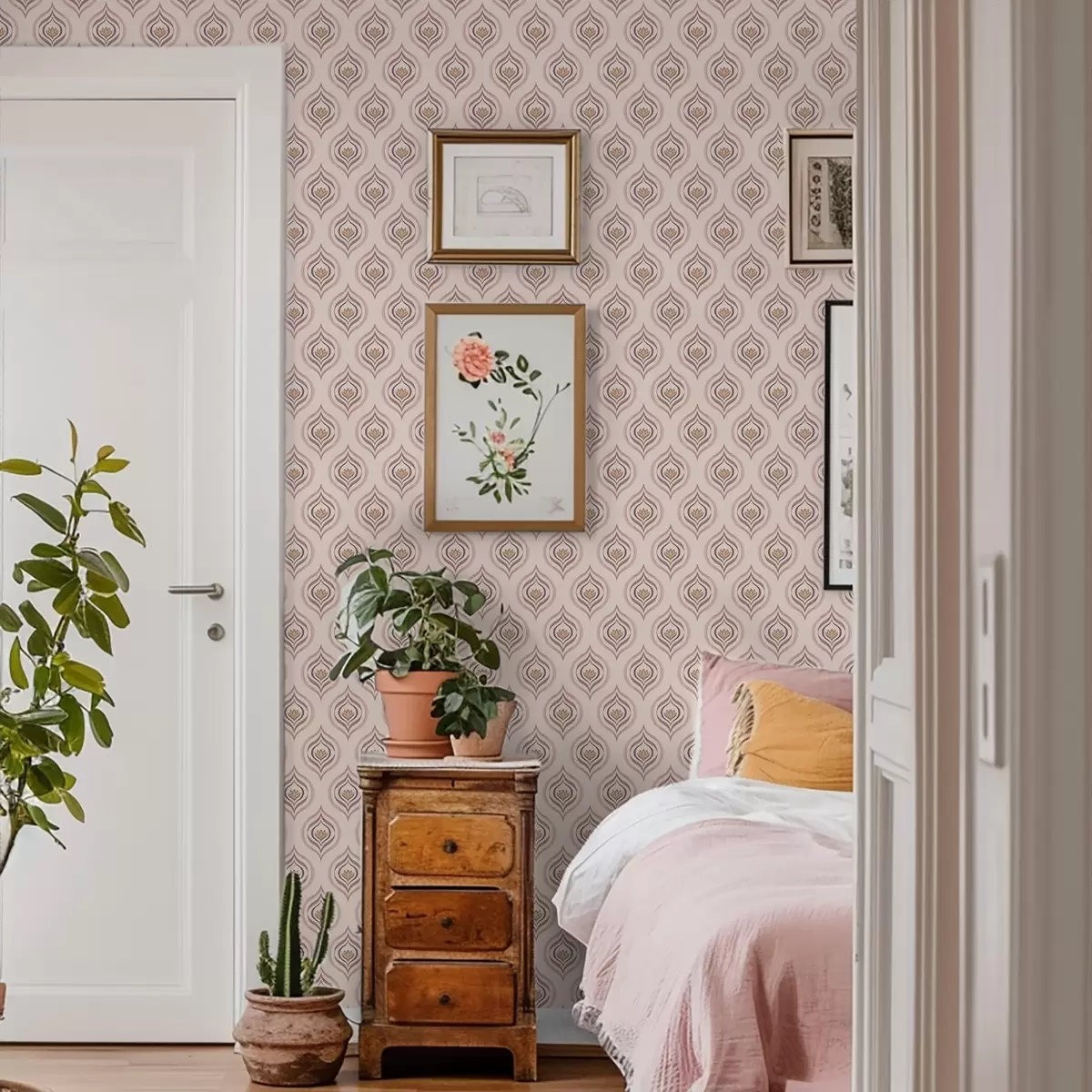 Tapetes Ritmiskais pilienu motīvs ar ziedu uz pūderveida fona a00977