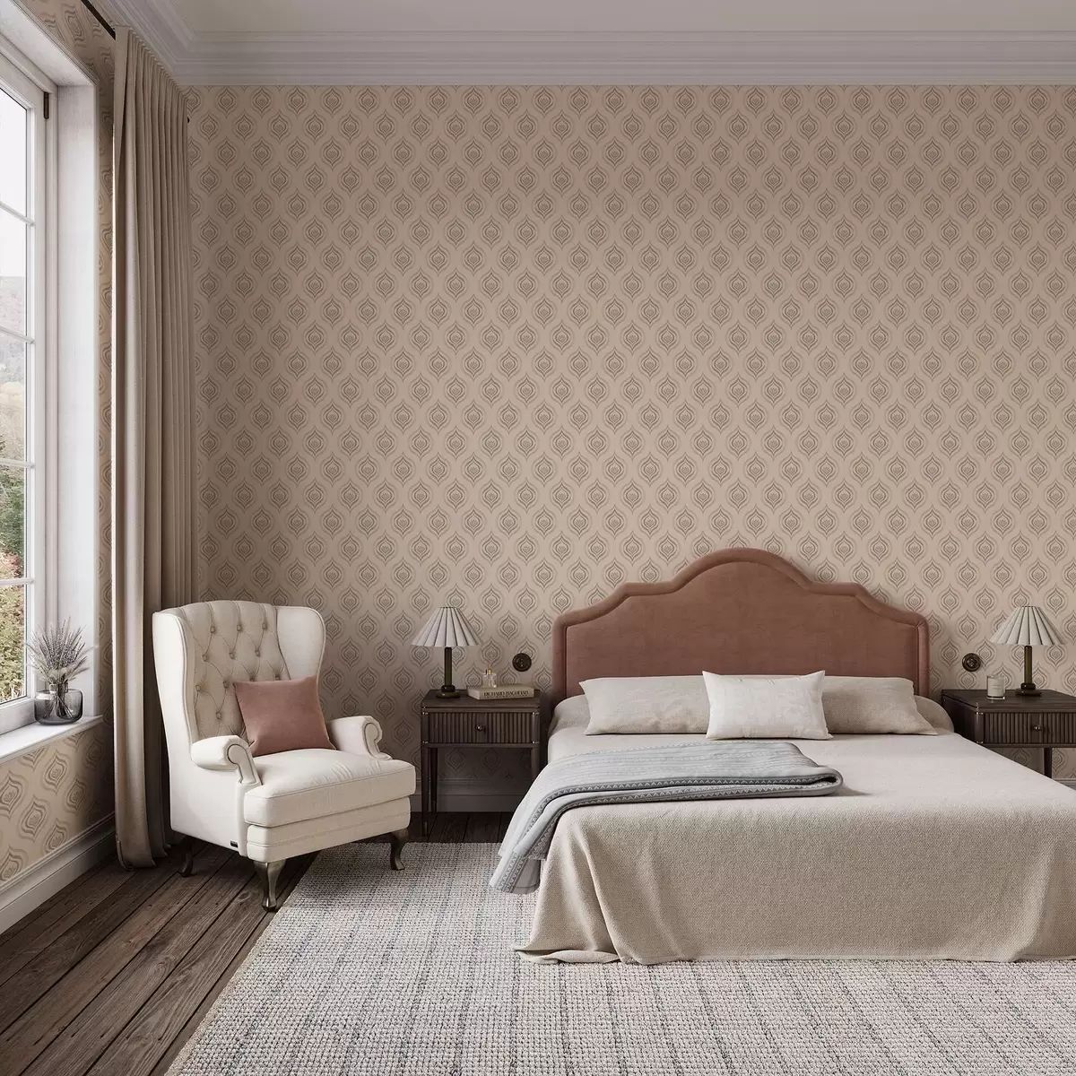 Tapetes Pūderveida pilienu motīvi ar ziedu uz siltā fona a00977v2