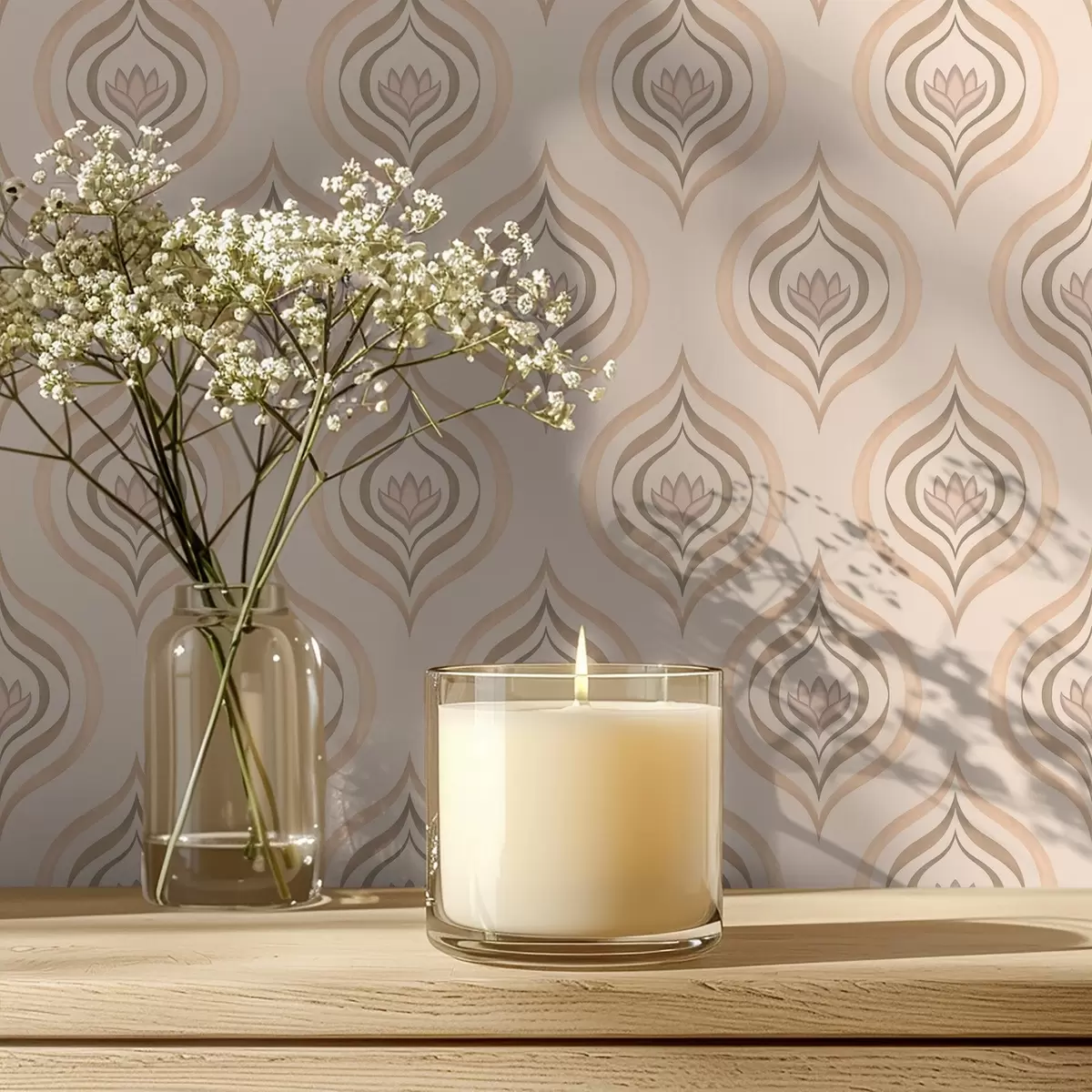 Tapetes Pūderveida pilienu motīvi ar ziedu uz siltā fona a00977v2