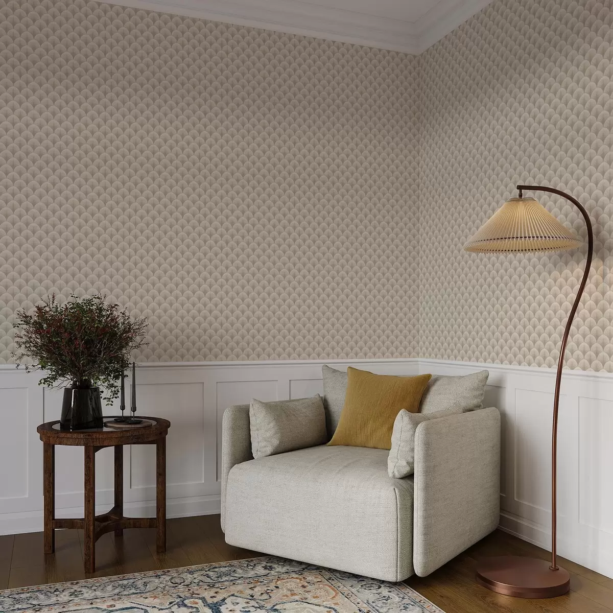 Tapetes Bēša krāsas vēdekļveida arkas ar smalkām starām uz gaiša fona a00978