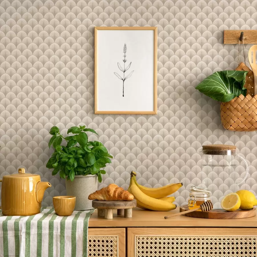 Fototapetes Bēša krāsas vēdekļveida arkas ar smalkām starām uz gaiša fona a00978