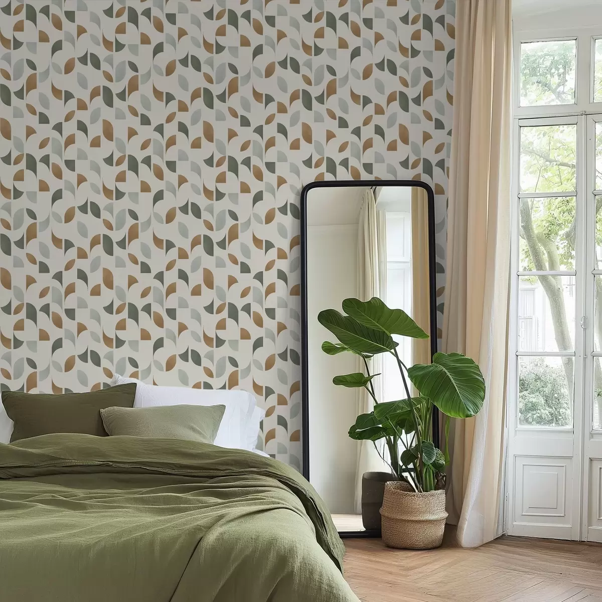 Tapetes Abstrakti pusapļi un lapas zaļā un terakotas krāsā a00985