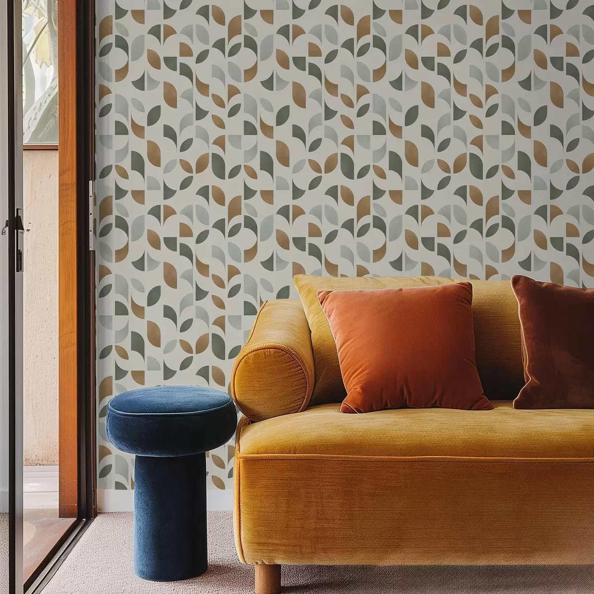 Tapetes Vertikālas pussapļu un lapu kolonnas, zaļā terakota a00986