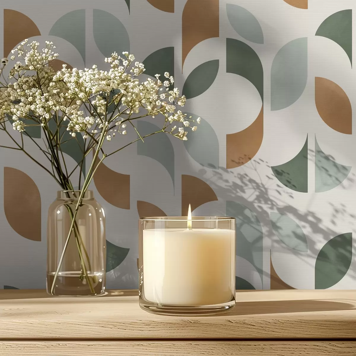 Tapetes Vertikālas pussapļu un lapu kolonnas, zaļā terakota a00986