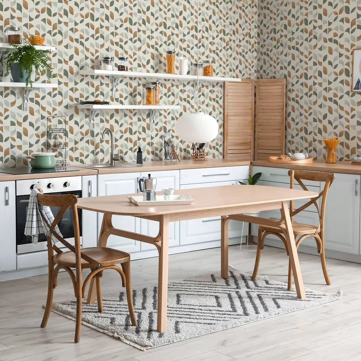 Tapetes Vertikālas pussapļu un lapu kolonnas, zaļā terakota a00986