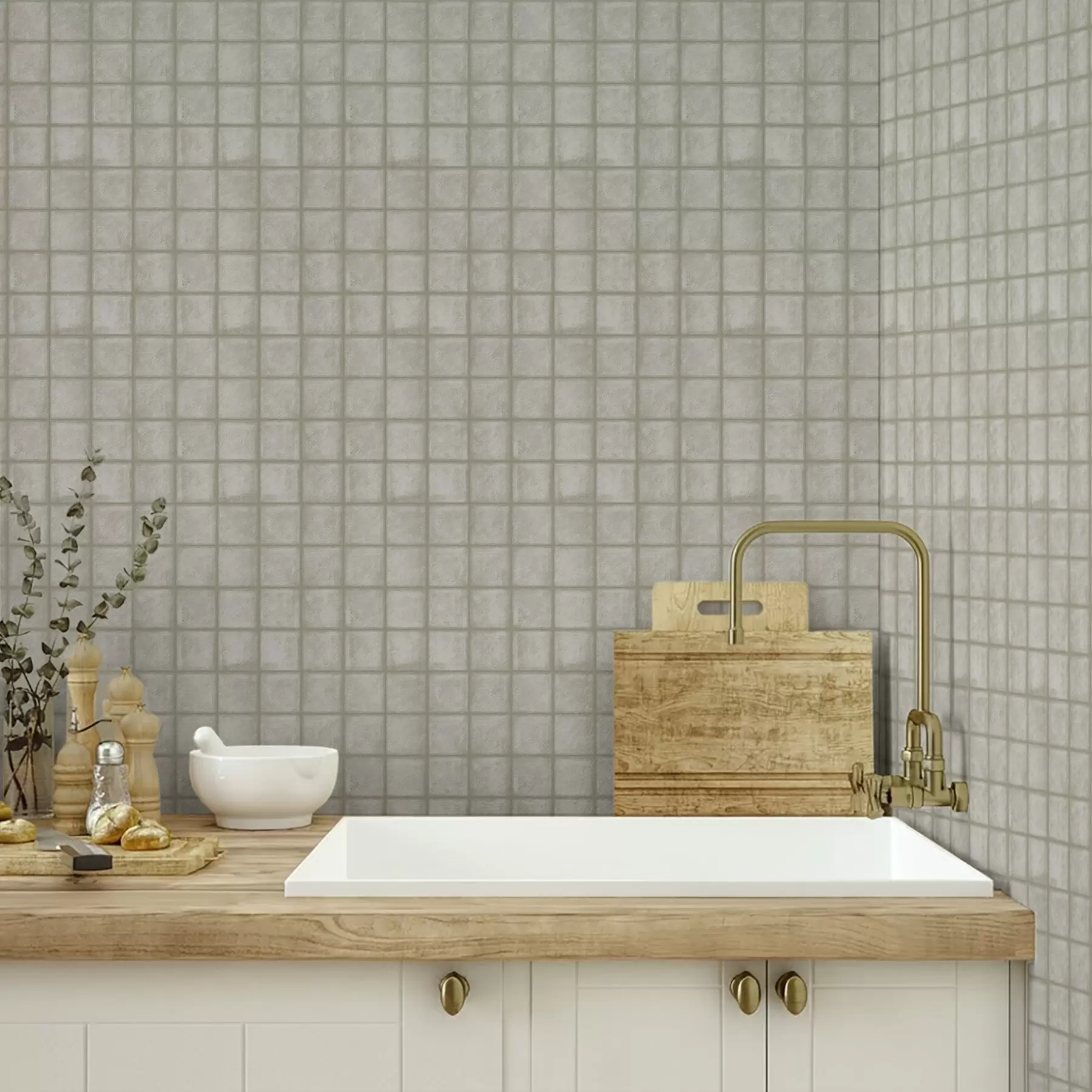 Fototapetes Kvadrātveida flīžu imitācija maigā pelēkzaļā krāsu gamā a00988