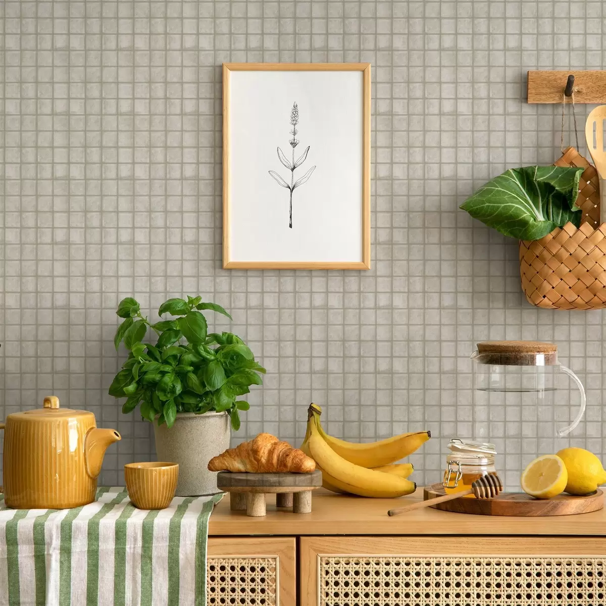 Tapetes Kvadrātveida flīžu imitācija maigā pelēkzaļā krāsu gamā a00988