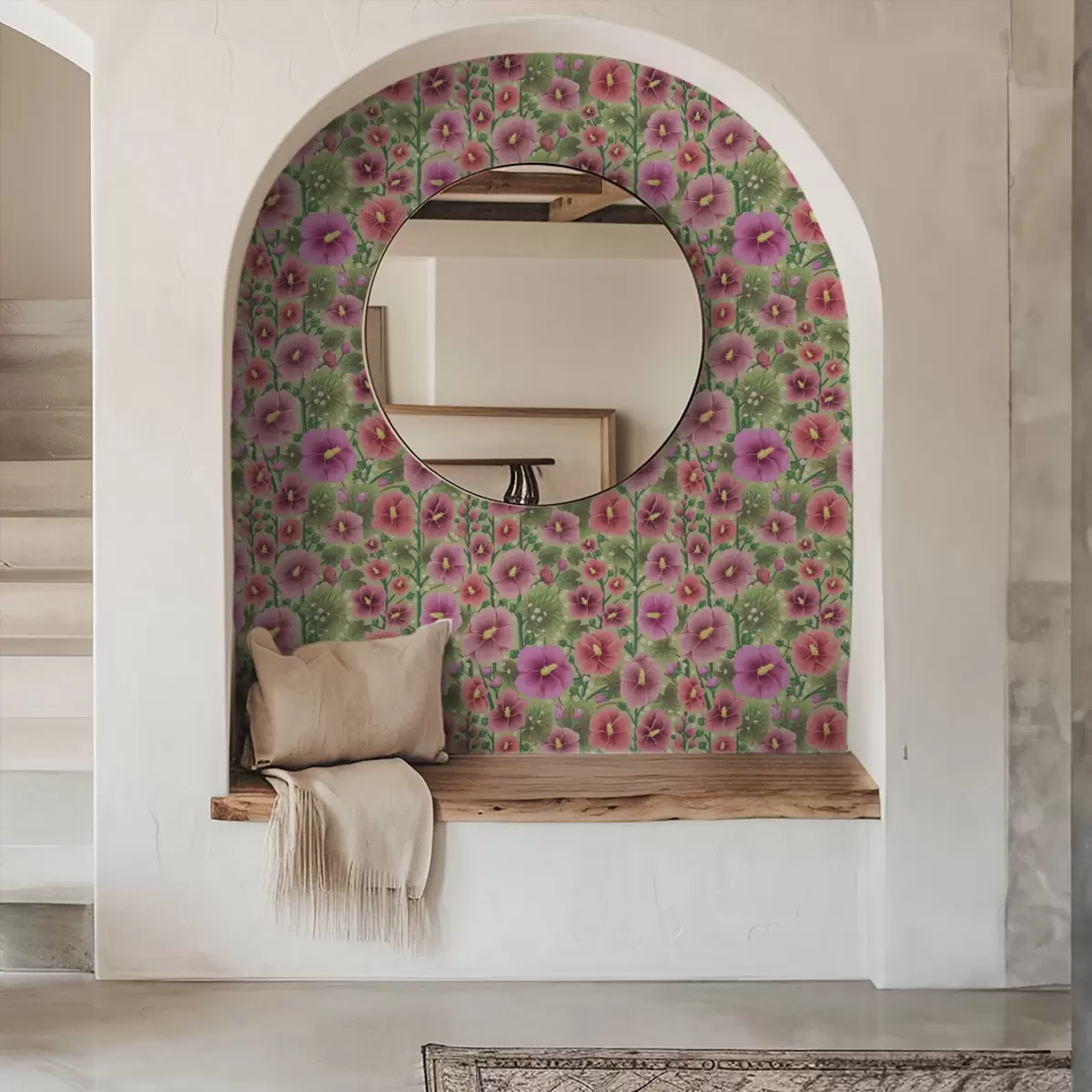 Tapetes Lieli hibiskus ziedi un lapas uz tumši zaļa fona a00993