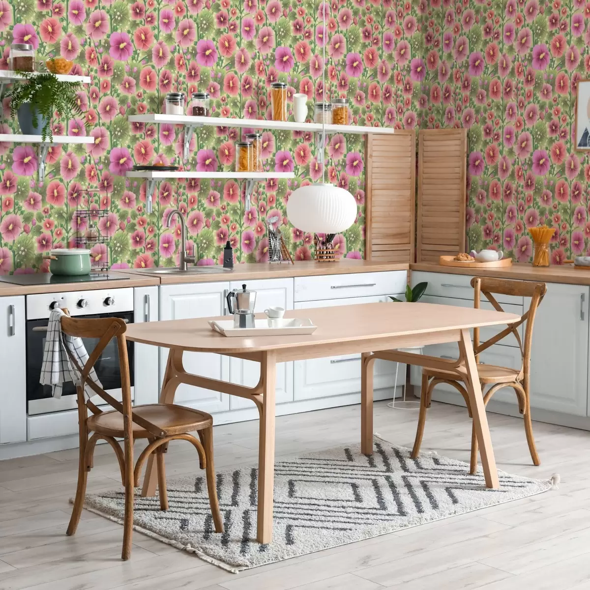 Tapetes Lieli hibiskus ziedi un lapas uz tumši zaļa fona a00993