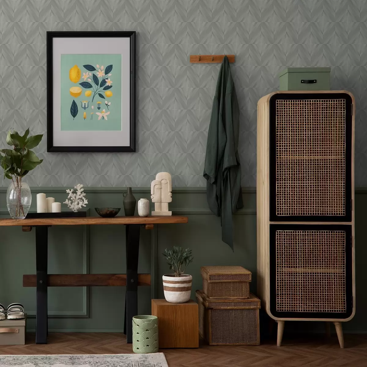 Tapetes Diagonāli triepieni, kas veido kvadrātu mīkstā pelēkā krāsu gamā a00983v1