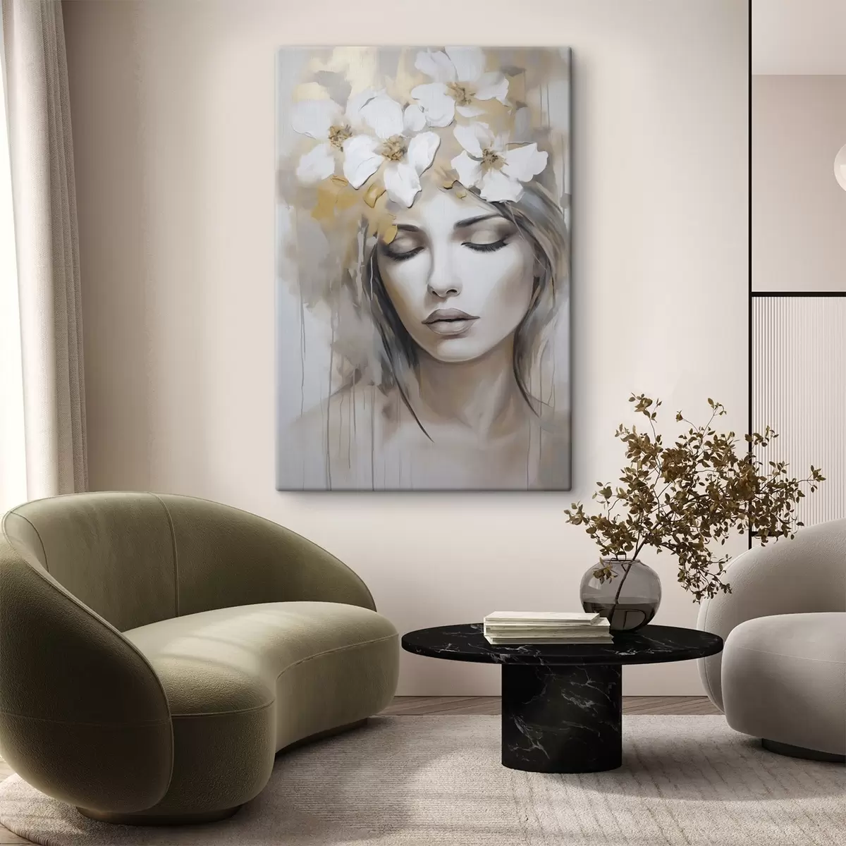 Glezna Abstrakts meitenes portrets ar ziediem, glezna s46756