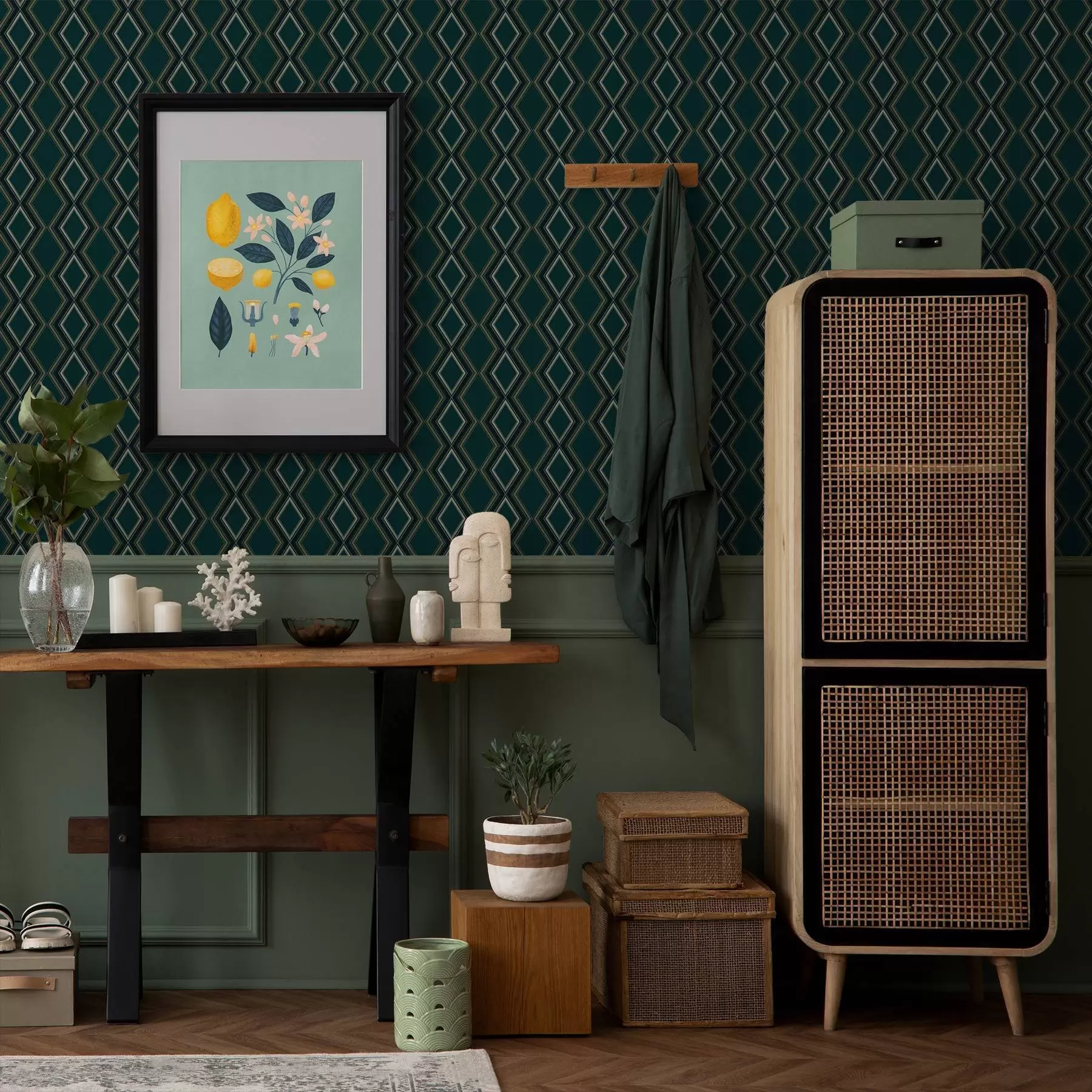 Fototapetes Tumši zaļgani zilgani fons ar vertikālām dimantu rindām a00976