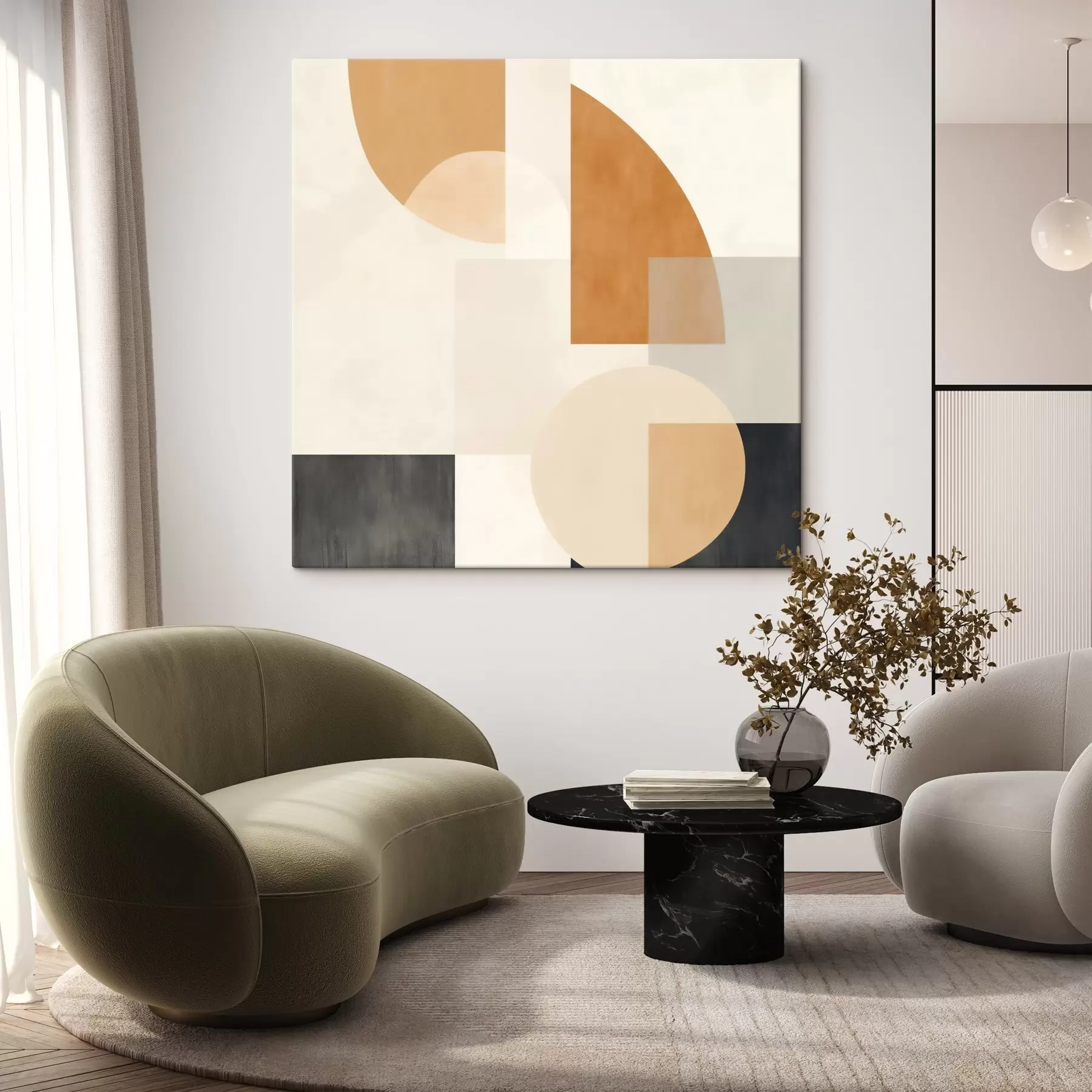 Glezna Mākslinieciskā ģeometrija, kas apvieno noapaļotas un lineāras formas s46665