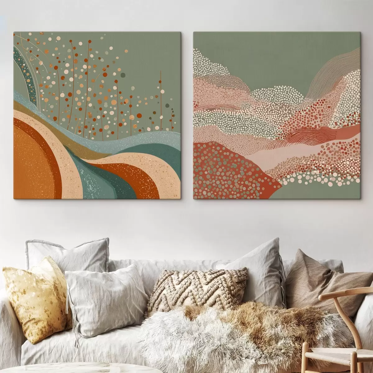 Glezna Divdaļīgs abstrakts ainavas attēls ar punktveida un viļņveida elementiem m00987