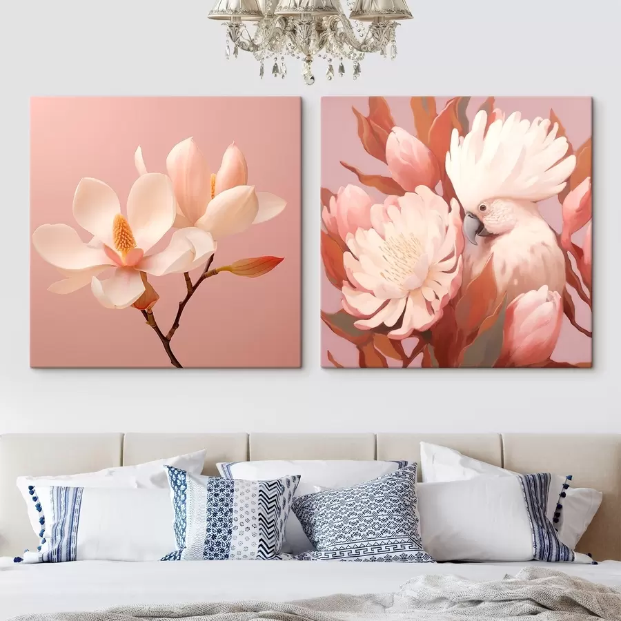 Glezna Ziedu kompozīcija ar putnu mākslinieciskā ilustrācijas stilā m00994