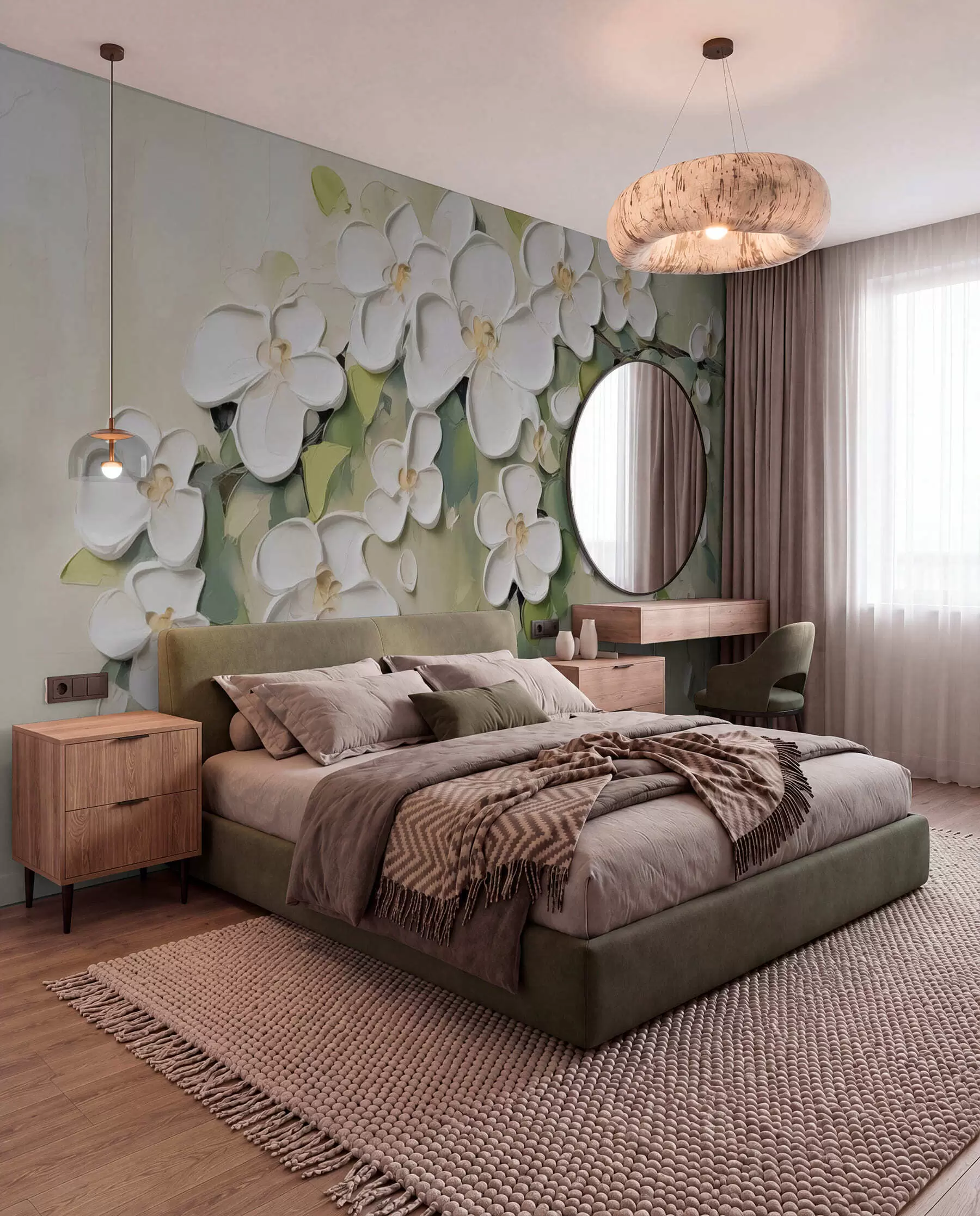 Fototapetes Balti ziedi uz olīvzaļā w04978