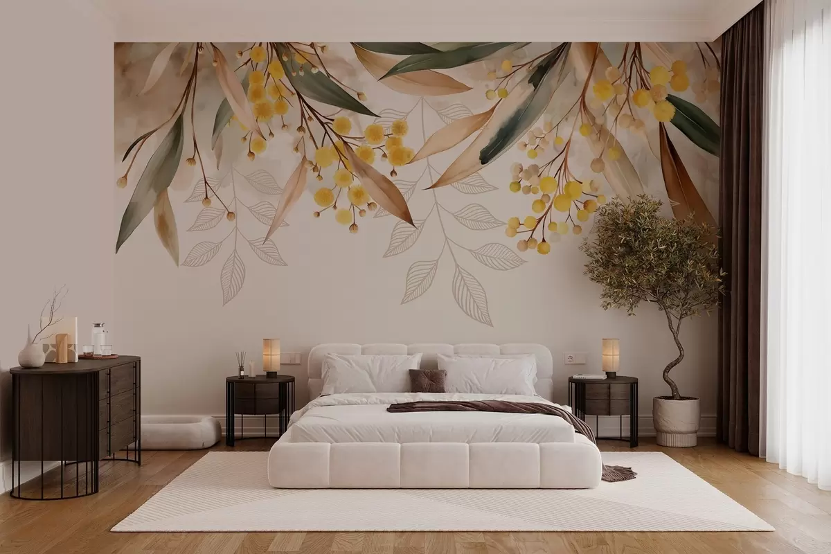 Fototapetes mimozas ziedi un lapas, kas krīt no augšas akvareļa stilā w04880