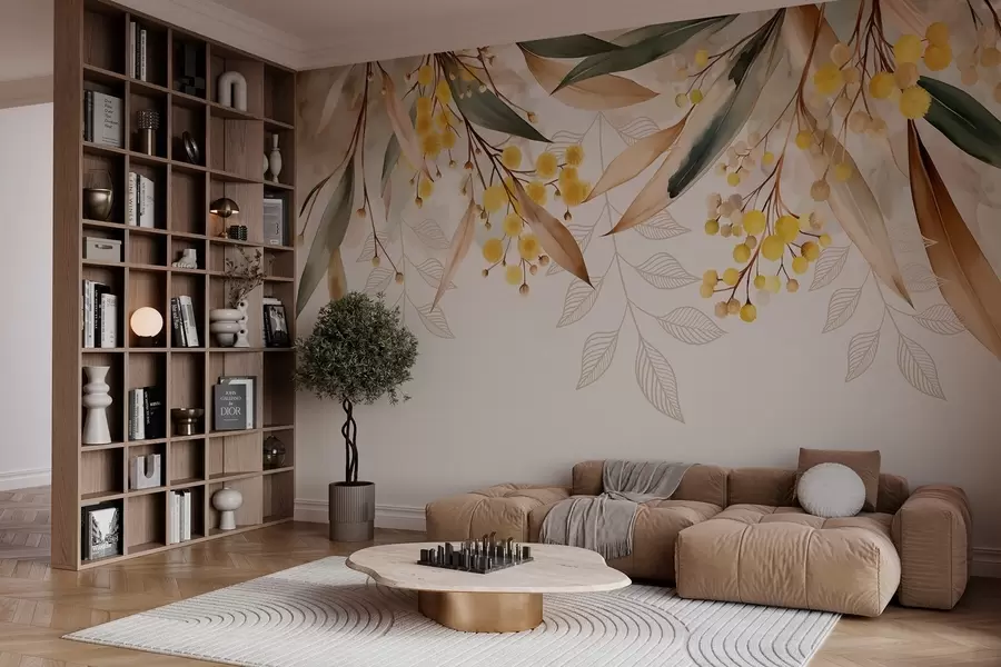 Fototapetes mimozas ziedi un lapas, kas krīt no augšas akvareļa stilā w04880