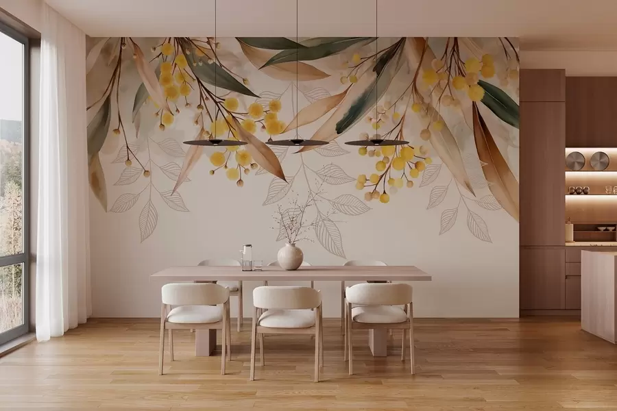 Fototapetes mimozas ziedi un lapas, kas krīt no augšas akvareļa stilā w04880