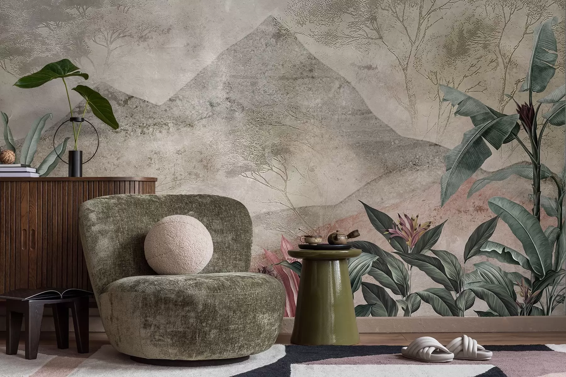 Fototapetes Pastelkrāsas banānu lapas un tropu ziedi kalnu fonā w04933