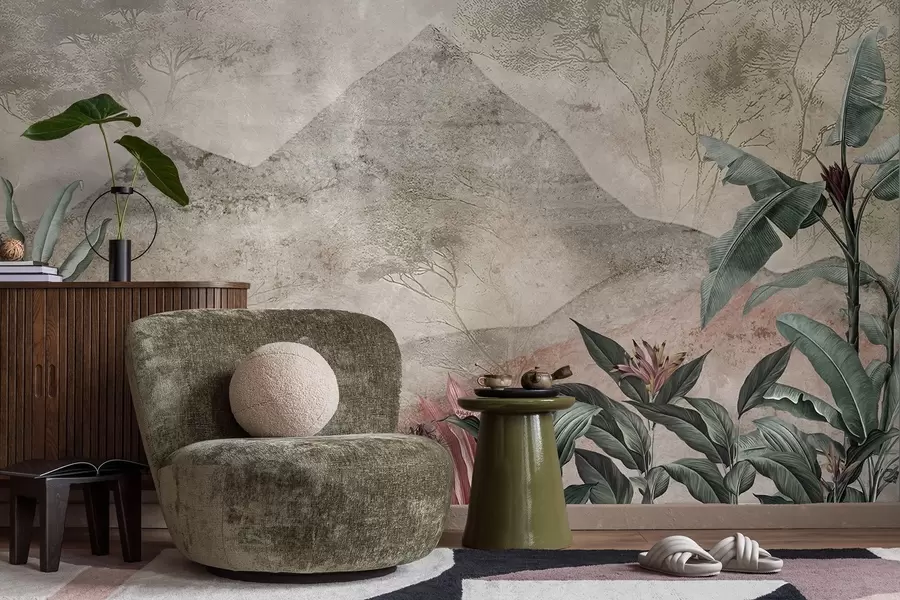 Fototapetes Pastelkrāsas banānu lapas un tropu ziedi kalnu fonā w04933