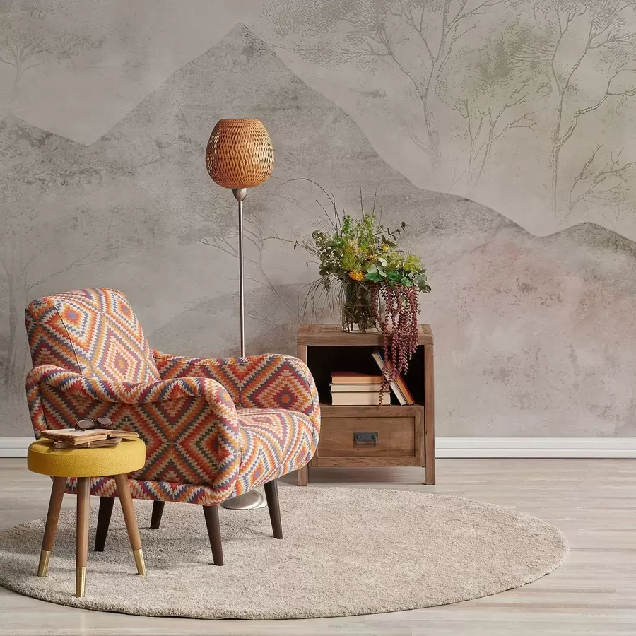 Fototapetes Maigi pasteļtoņos kalni un koki vieglas miglas apņemti w04954